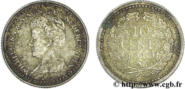 NETHERLANDS 10 Cents Reine Wilhelmine 1919 Utrecht AU 