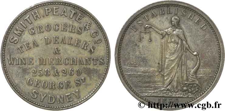AUSTRALIEN Token de 1 Penny publicitaire pour Smith, Peate and Co (épicier,s détaillant sen thé et marchands de vin), Sydney / allégorie du commerce 1836  fVZ 