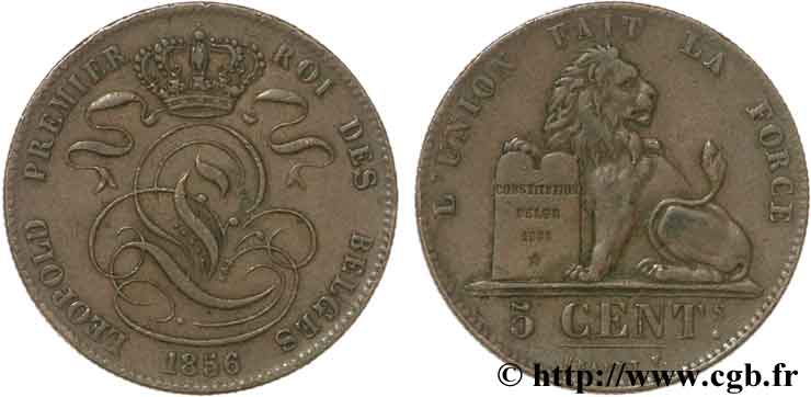 BELGIO 5 Centimes monograme de Léopold couronné / lion 1856  BB 