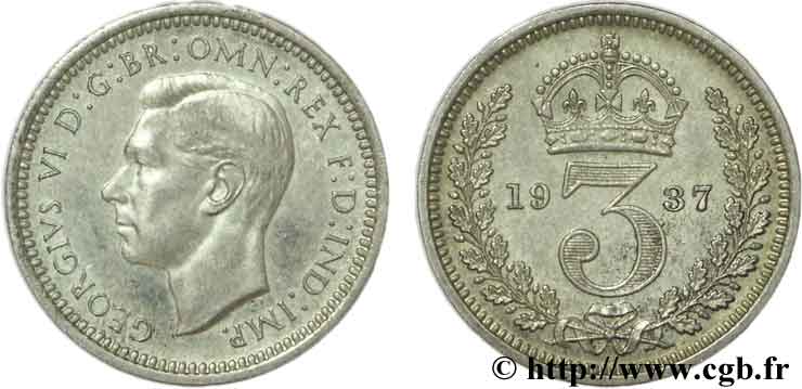 VEREINIGTEN KÖNIGREICH 3 Pence Georges VI  1937  fST 