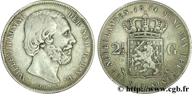 NETHERLANDS 2 1/2 Gulden Guillaume III 1874 Utrecht VF 