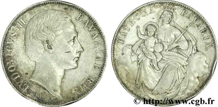 GERMANY - BAVARIA 1 Thaler Royaume de Bavière Louis II / Madone à l’enfant 1865 Munich XF 