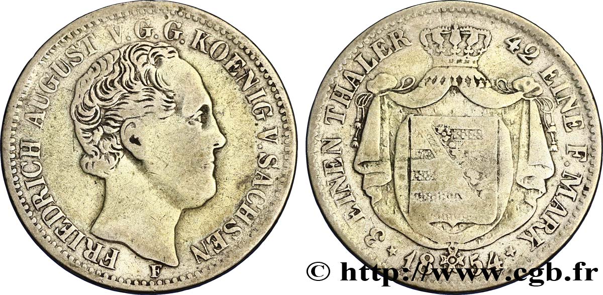 GERMANY - SAXONY 1/3 Thaler Royaume de Saxe Frédéric Auguste II / blason 1854 Dresde - F VF 
