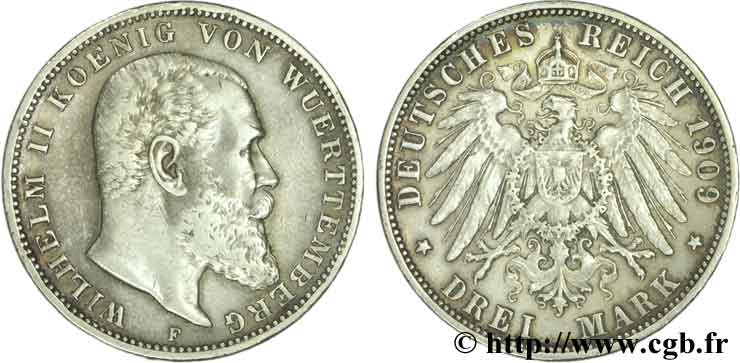GERMANIA - WÜRTEMBERG 3 Mark Royaume de Wurtemberg Guillaume II / aigle impérial 1909 Stuttgart - F BB 