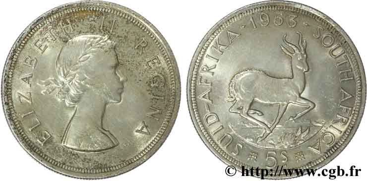 SUDAFRICA 5 Shillings Elisabeth II / springbok 1953 Pretoria BB 
