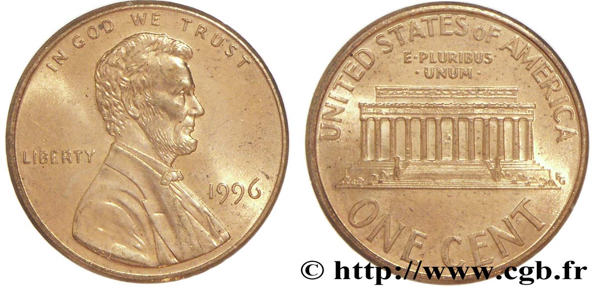 ESTADOS UNIDOS DE AMÉRICA 1 Cent Lincoln / mémorial 1996 Philadelphie SC 