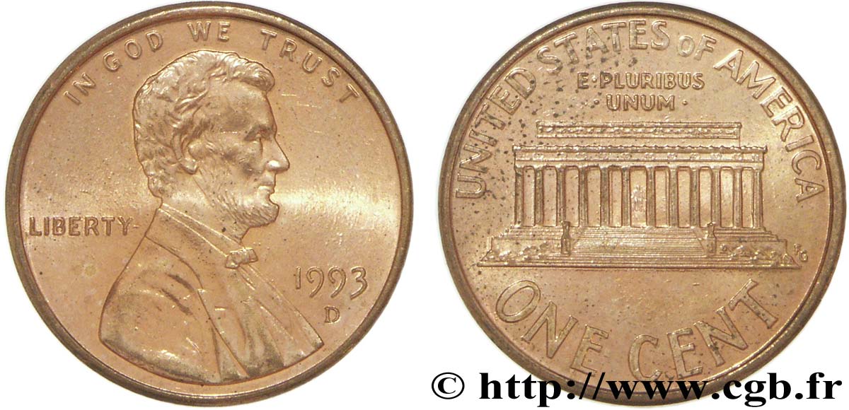 STATI UNITI D AMERICA 1 Cent Lincoln / mémorial 1993 Denver MS 
