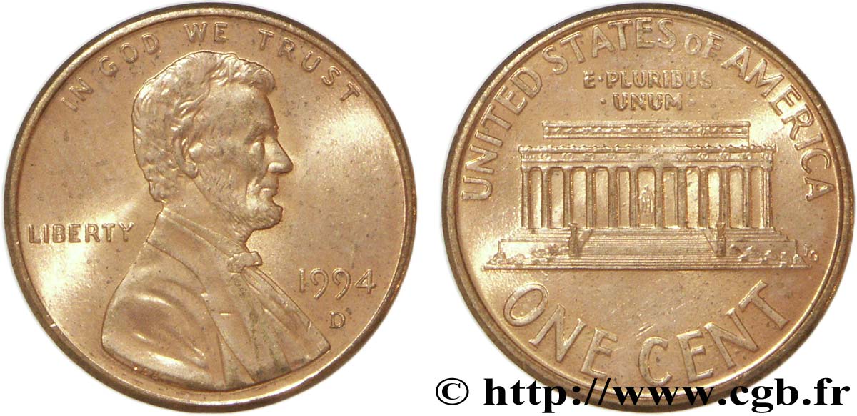 STATI UNITI D AMERICA 1 Cent Lincoln / mémorial 1994 Denver MS 