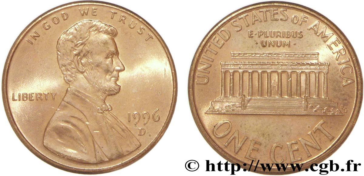 STATI UNITI D AMERICA 1 Cent Lincoln / mémorial 1996 Denver MS 