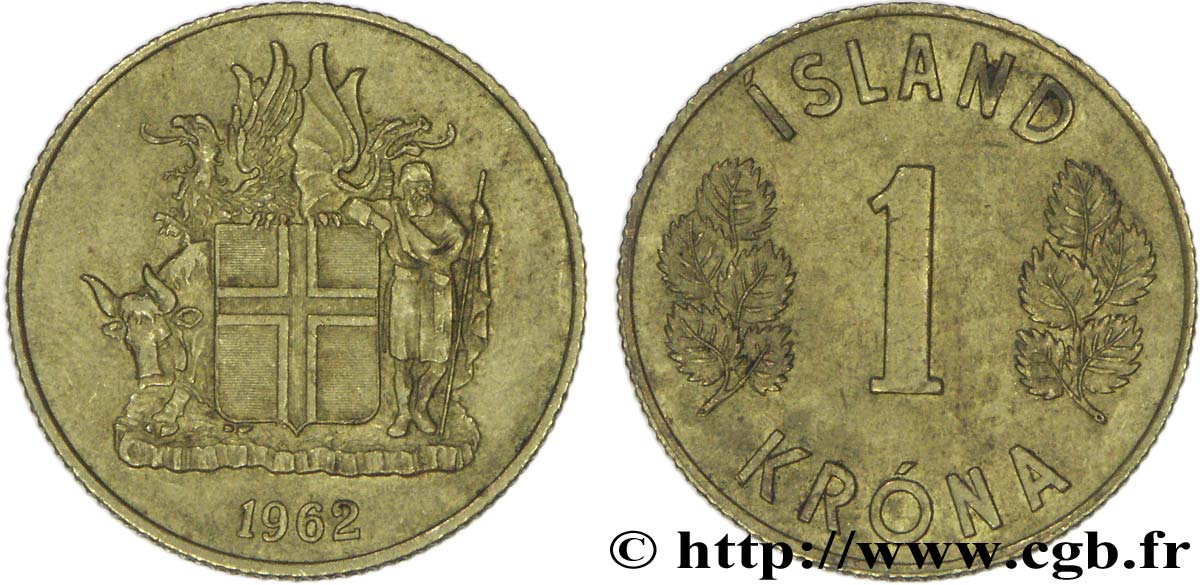 ISLAND 1 Krona blason 1962  VZ 