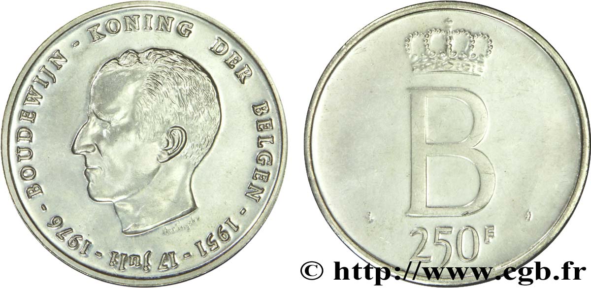 BELGIEN 250 Francs Proof jubilé d’argent du roi Baudouin légende flamande 1976 Bruxelles VZ 