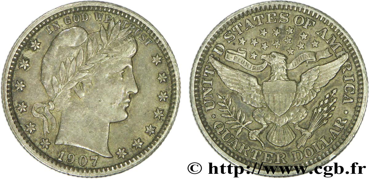 UNITED STATES OF AMERICA 1/4 Dollar Barber 1907 Philadelphie AU 