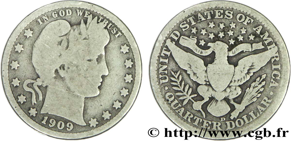 UNITED STATES OF AMERICA 1/4 Dollar Barber 1909 Denver VF 