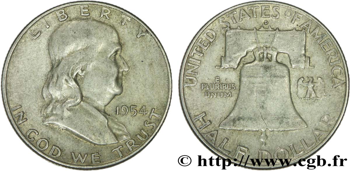 UNITED STATES OF AMERICA 1/2 Dollar Benjamin Franklin 1954 Denver XF 