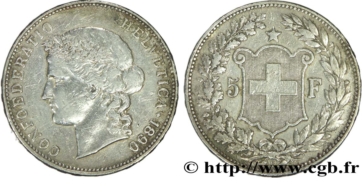 SUIZA 5 Francs Helvetia buste 1890 Berne BC 