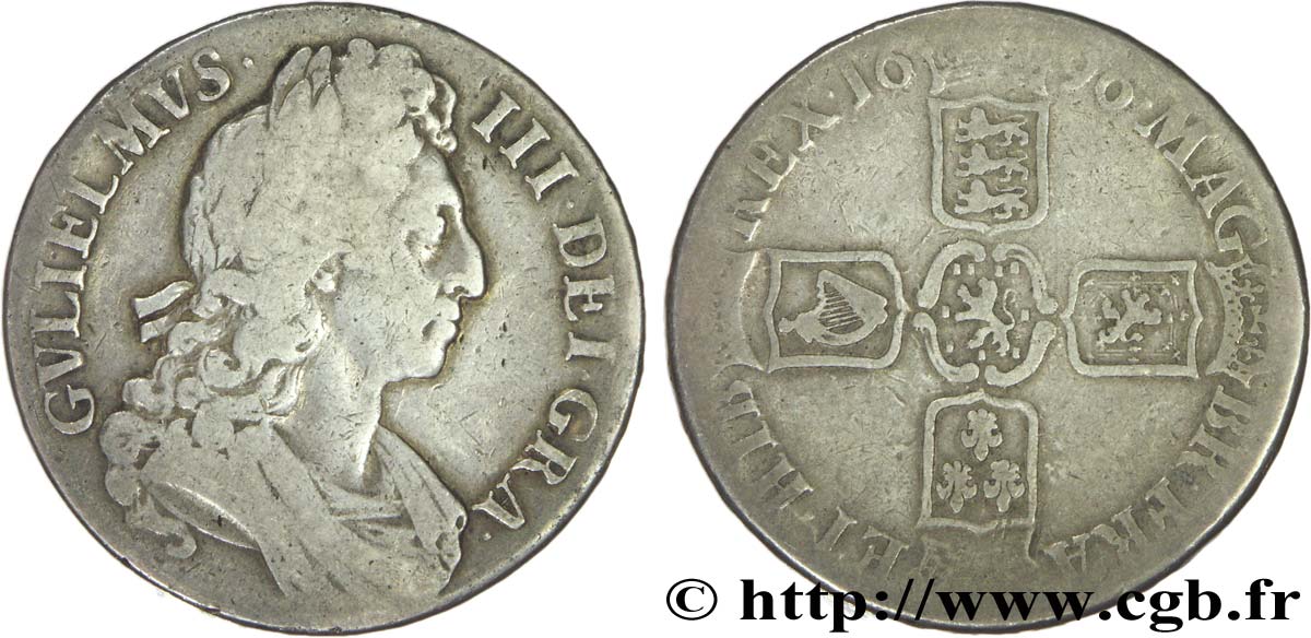 UNITED KINGDOM 1 Crown Guillaume III / armes buste 1er type, tranche OCTAVO 1696  F 