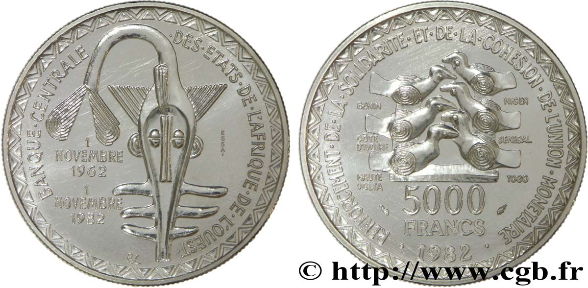 WEST AFRICAN STATES (BCEAO) Essai 5000 Francs masque / oiseau 20e anniversaire de l’Union Monétaire 1982  AU 