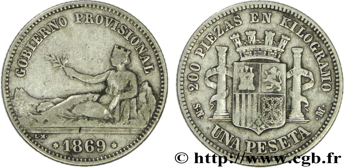 SPAIN 1 Peseta monnayage provisoire (1869) 1869 Madrid VF 