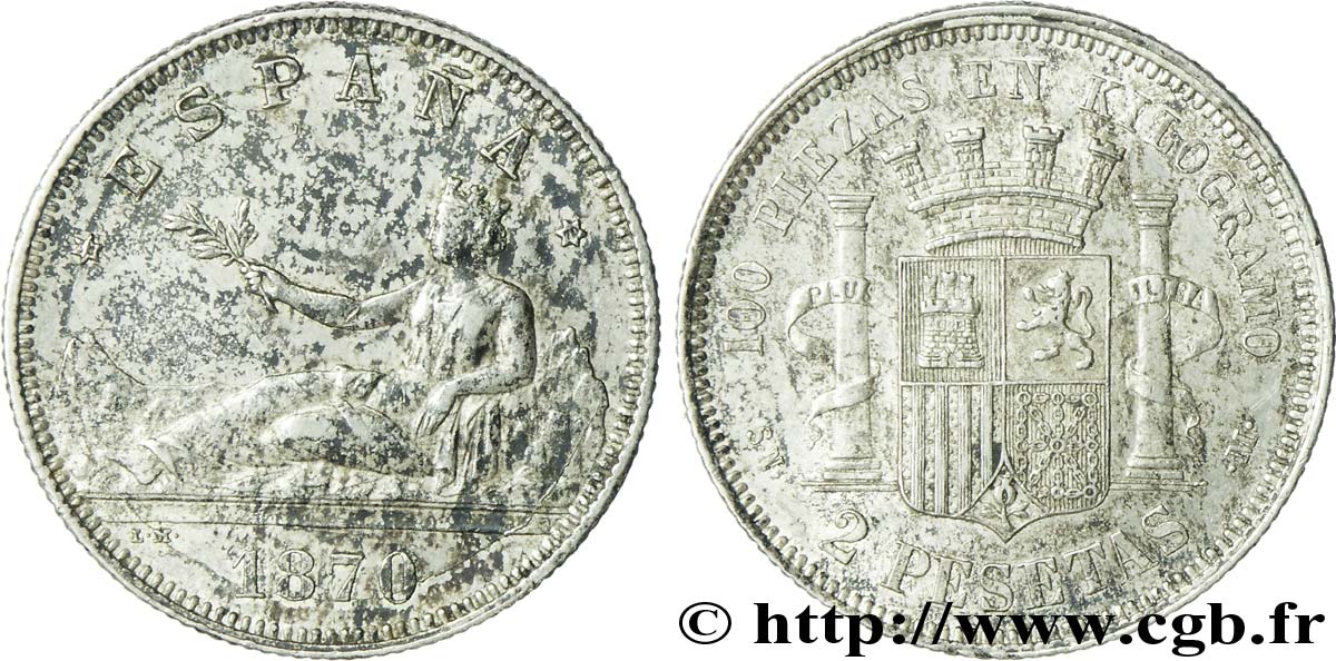 SPAIN 2 Pesetas “ESPAÑA” allongée / emblème (1870) 1870 Madrid XF 