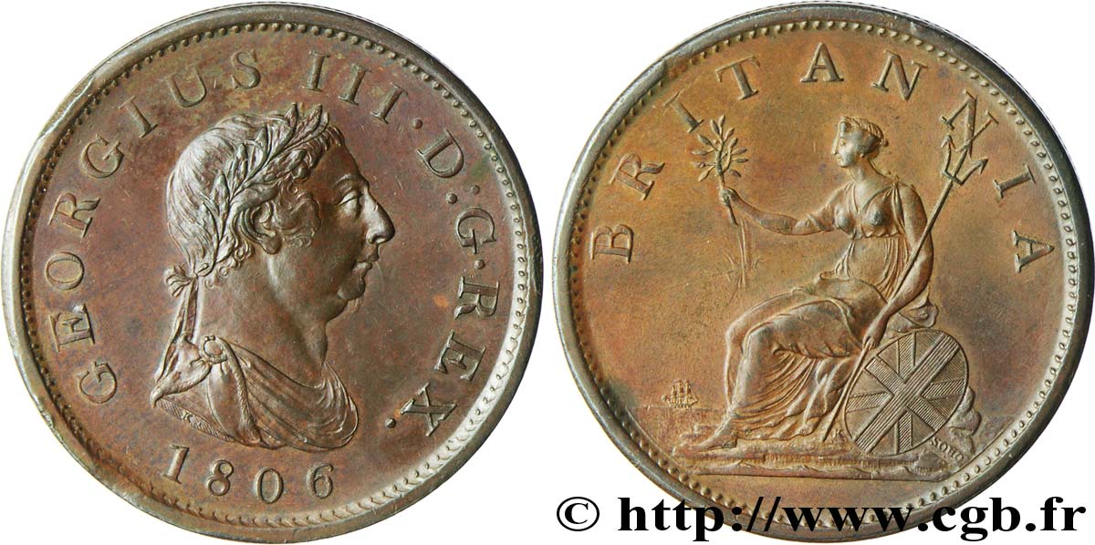 VEREINIGTEN KÖNIGREICH 1 Penny Georges III tête laurée 1806  VZ 