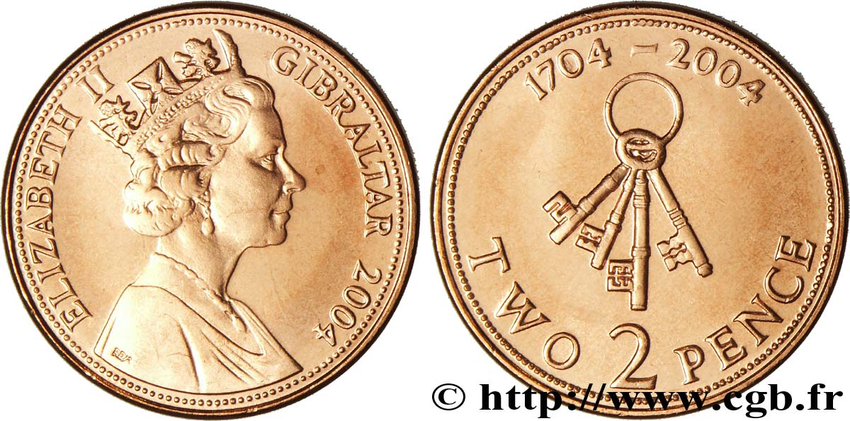 GIBRALTAR 2 Pence Elisabeth II / tricentenaire de l’occupation Britannique 1704-2004, quatre clés 2004  SC 