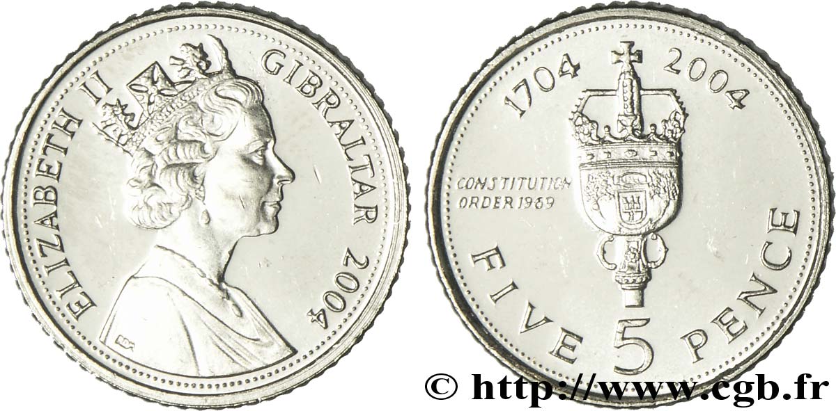 GIBILTERRA 5 Pence Elisabeth II / tricentenaire de l’occupation Britannique 1704-2004, couronne, constitution de 1989 2004  MS 