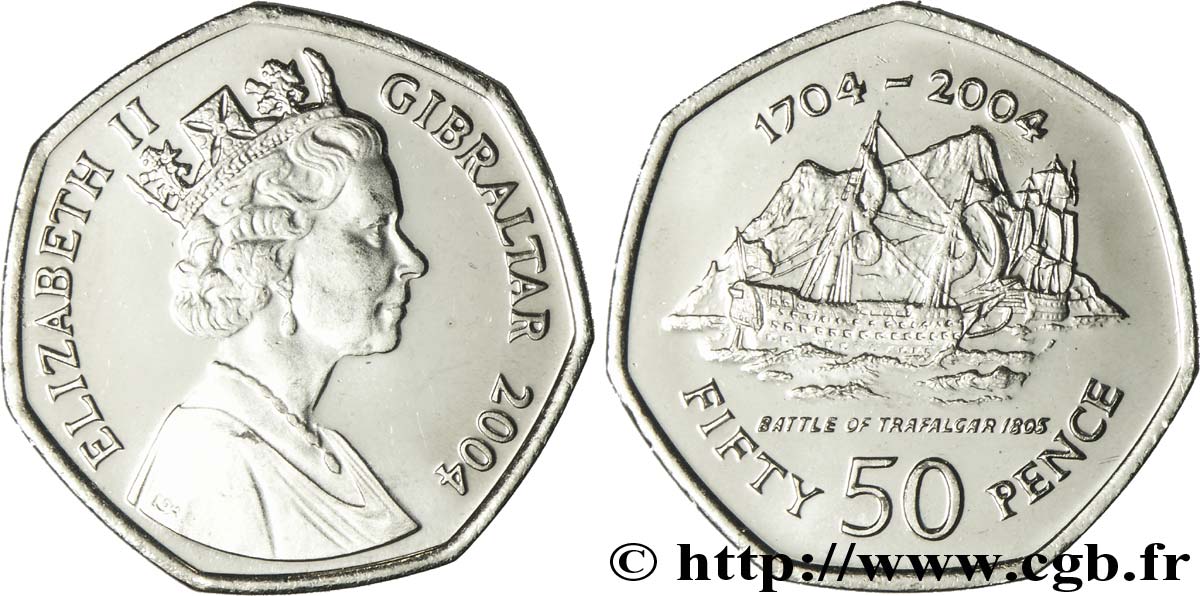 GIBRALTAR 50 Pence Elisabeth II / tricentenaire de l’occupation Britannique 1704-2004, bataille de Trafalgar en 1805 2004  SC 