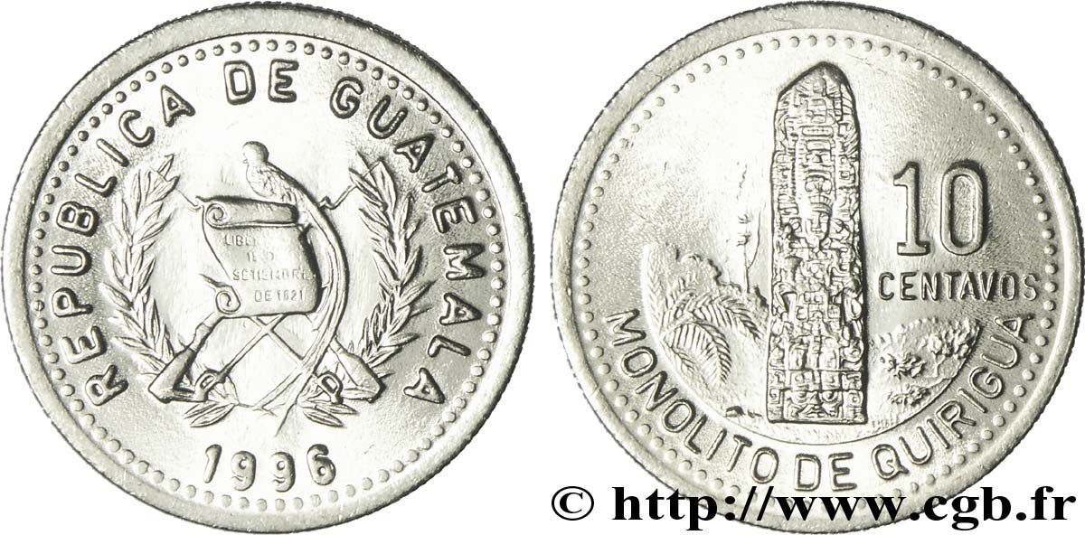 GUATEMALA 10 Centavos emblème au quetzal / monolithe maya de Quirigua 1996  MS 