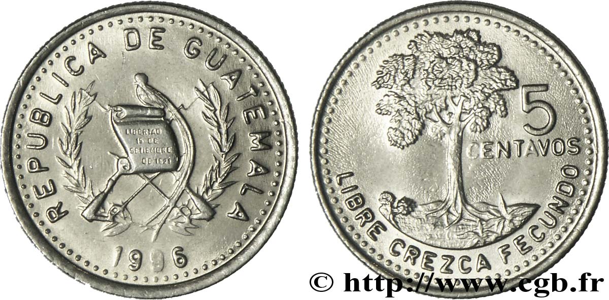 GUATEMALA 5 Centavos emblème au quetzal / arbre 1996  SPL 