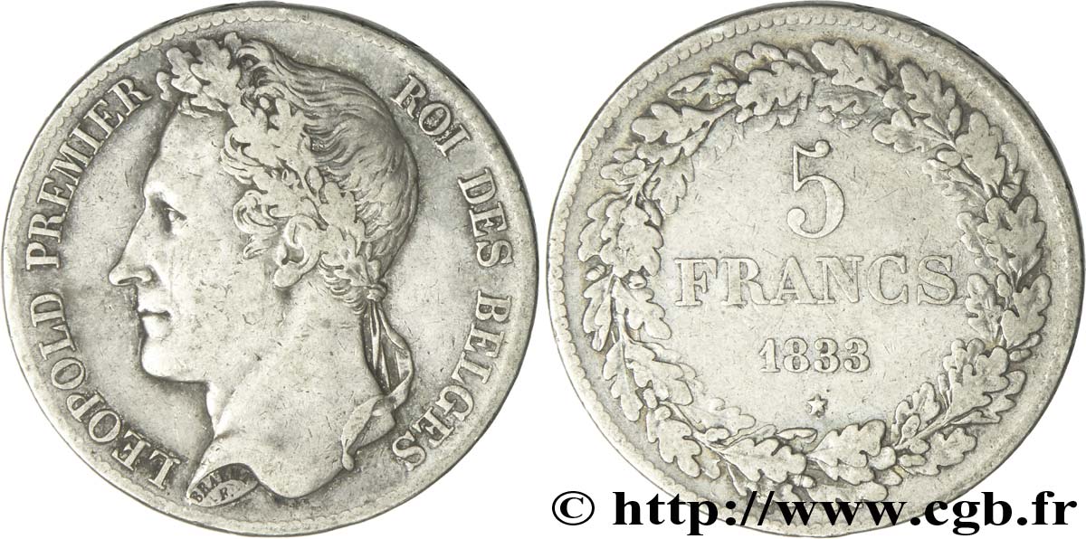 BÉLGICA 5 Francs Léopold Ier tranche position A 1833  BC+ 