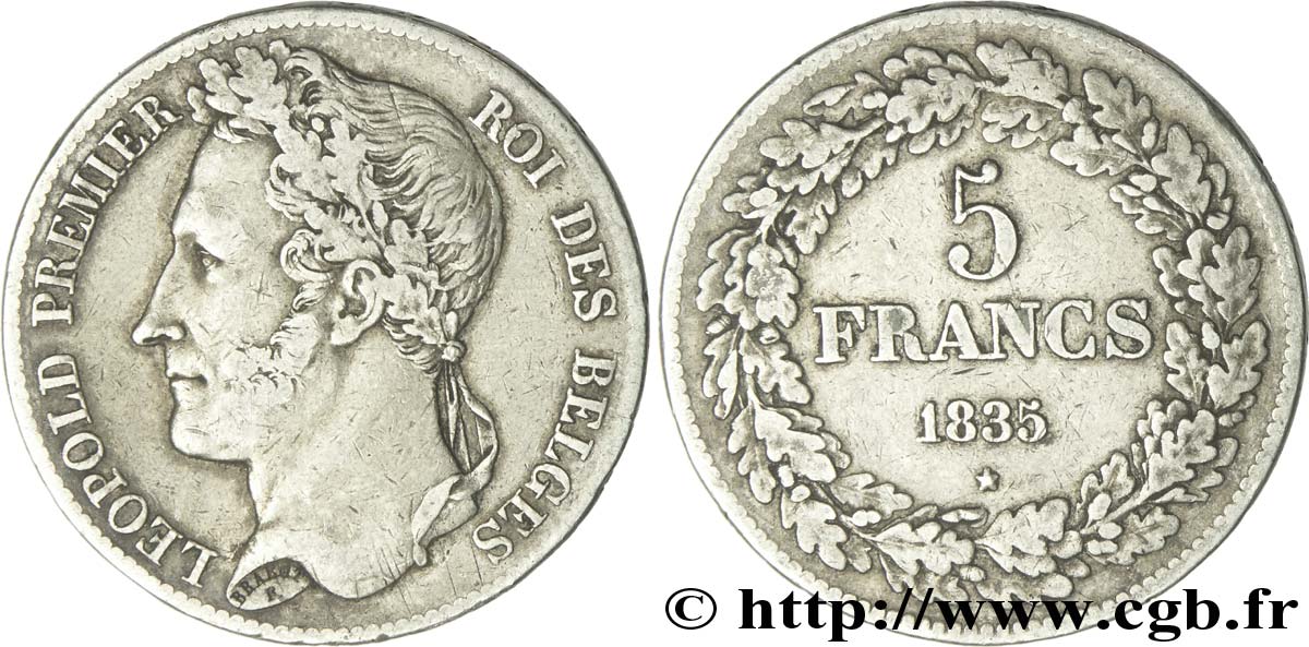 BELGIUM 5 Francs Léopold Ier tranche position B 1835  VF 