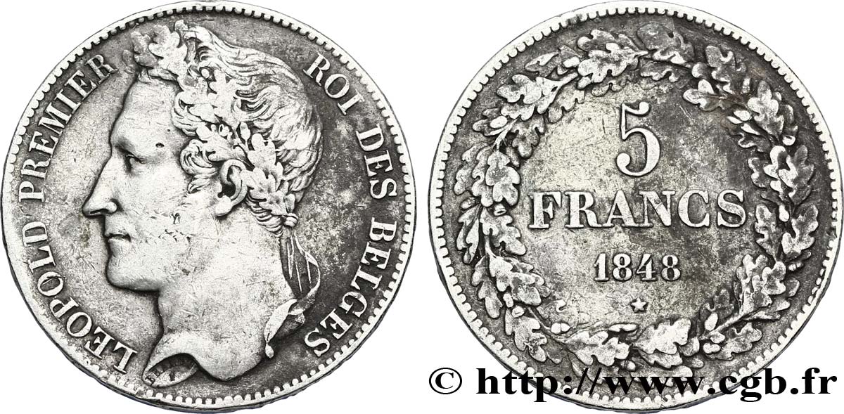 BÉLGICA 5 Francs Léopold Ier tête laurée 1848  MBC 