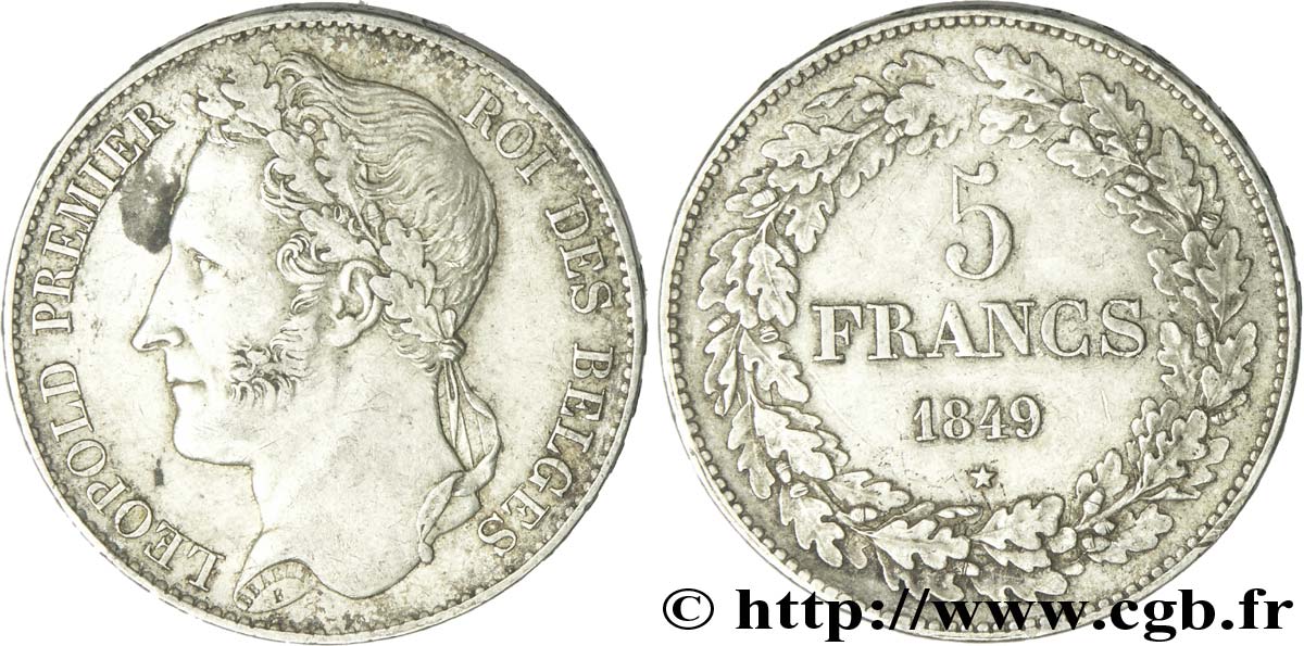 BELGIEN 5 Francs Léopold Ier tête laurée 1849  fVZ 