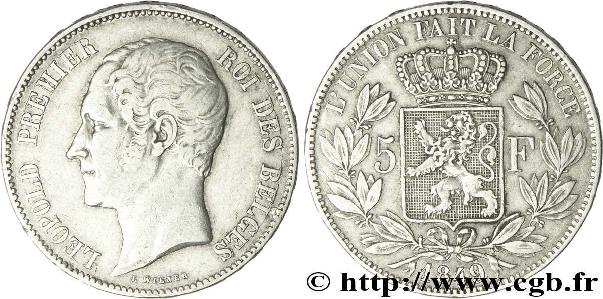 BELGIQUE 5 Francs Léopold Ier tête nue 1849  TTB+ 
