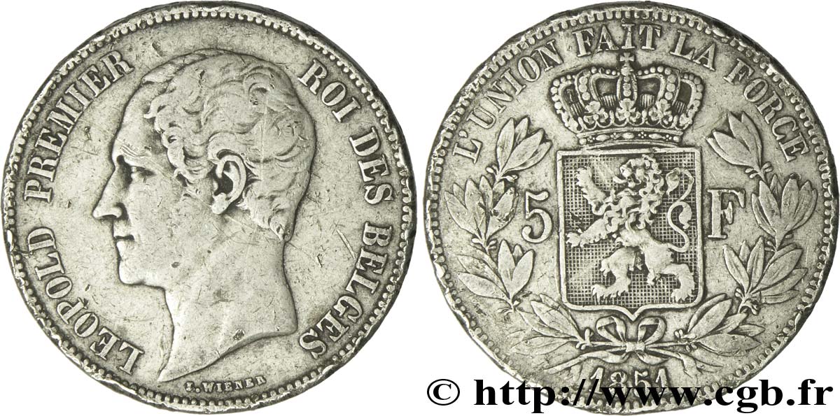 BÉLGICA 5 Francs Léopold Ier 1851  BC 