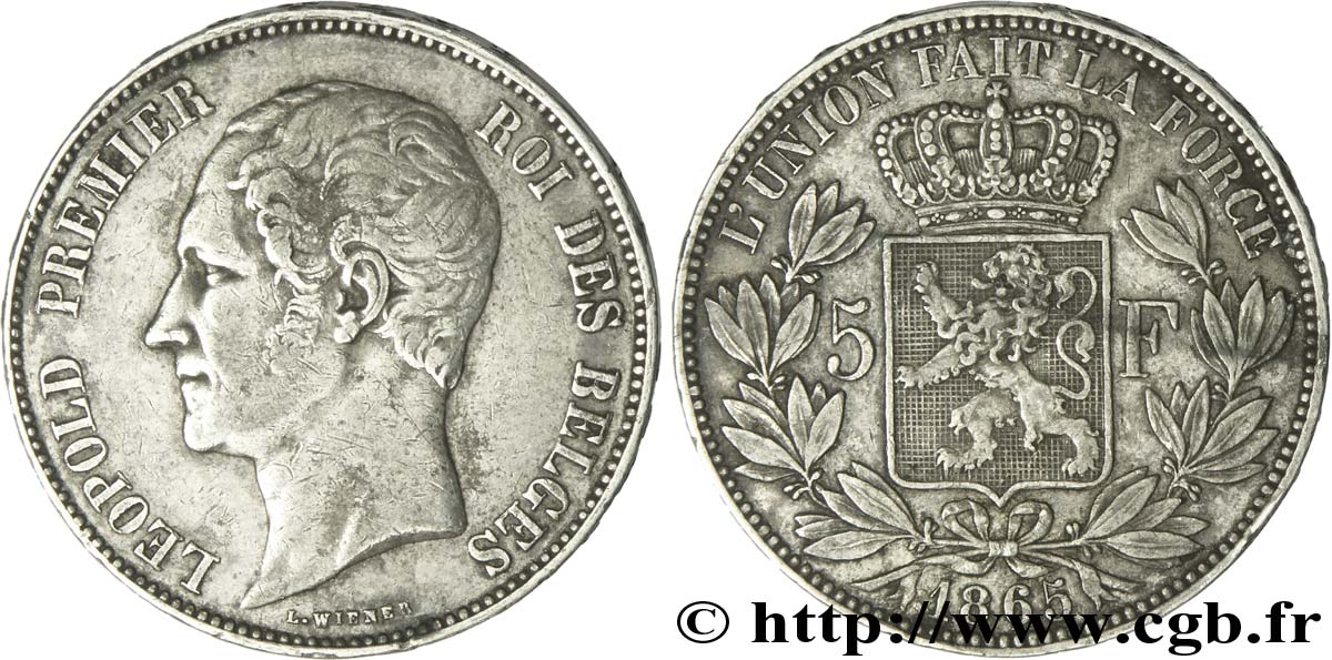 BELGIEN 5 Francs Léopold Ier tête nue 1865  fSS 