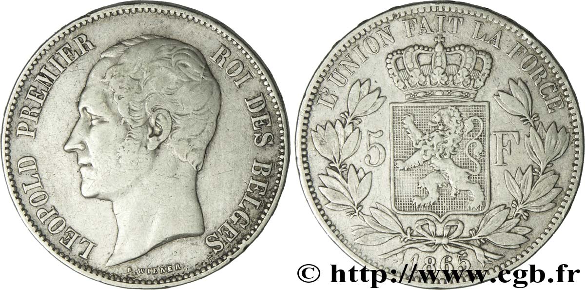 BELGIEN 5 Francs Léopold Ier tête nue 1865  fSS 