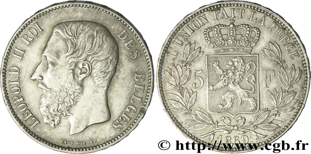 BÉLGICA 5 Francs Léopold II 1869  MBC 