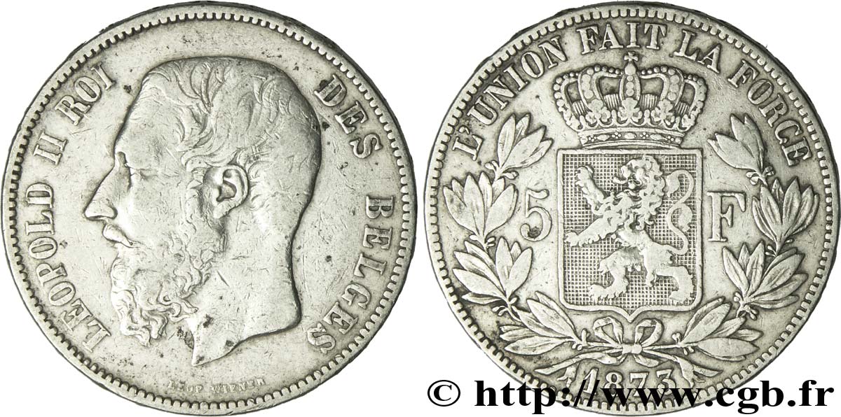 BELGIEN 5 Francs Léopold II 1873  fSS 