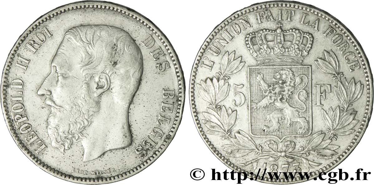 BELGIEN 5 Francs Léopold II 1873  fVZ 