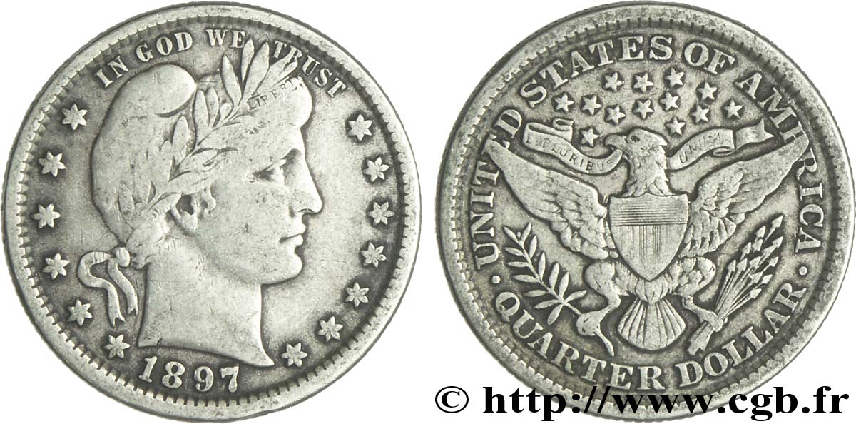 STATI UNITI D AMERICA 1/4 Dollar Barber 1897 Philadelphie q.BB 