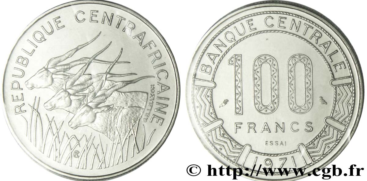 REPúBLICA CENTROAFRICANA Essai de 100 Francs antilopes 1971 Paris FDC 