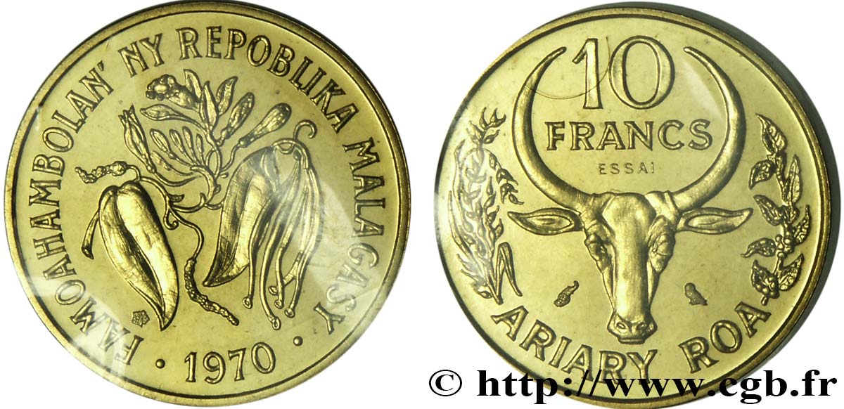 MADAGASKAR Essai de 10 Francs - 2 Ariary buffle / fèves 1970 Paris ST 