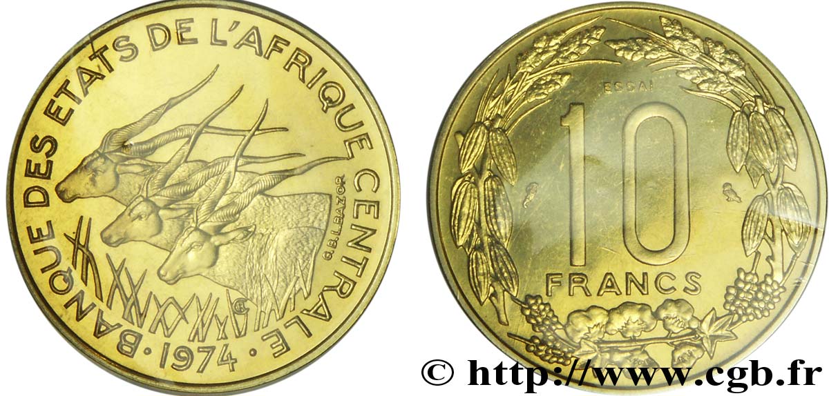 CENTRAL AFRICAN STATES Essai de 10 Francs antilopes 1974 Paris MS 