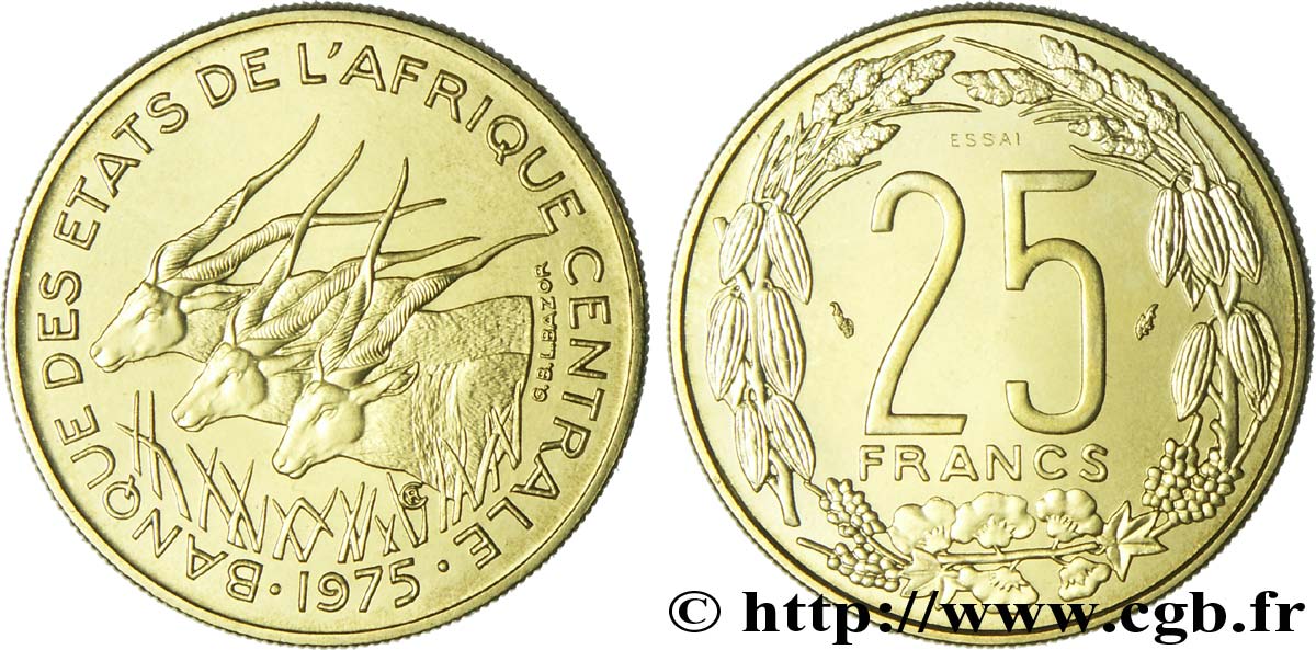ZENTRALAFRIKANISCHE LÄNDER Essai de 25 Francs grandes antilopes 1975 Paris fST 