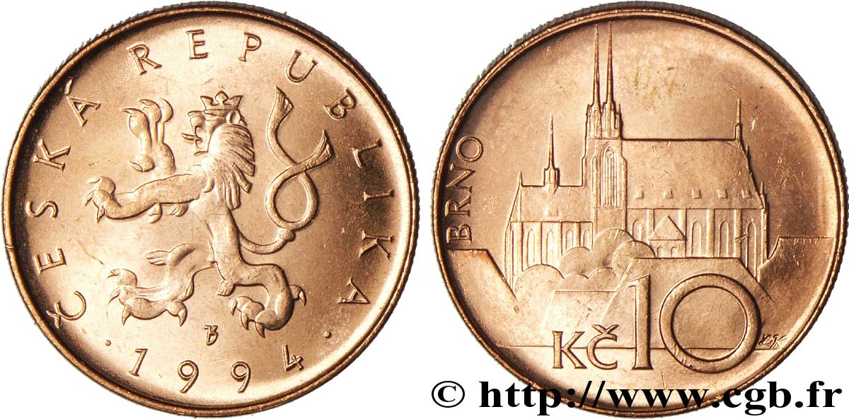 REPUBBLICA CECA 10 Korun lion tchèque / cathédrale de Brno 1994 Jablonec nad Nisou MS 