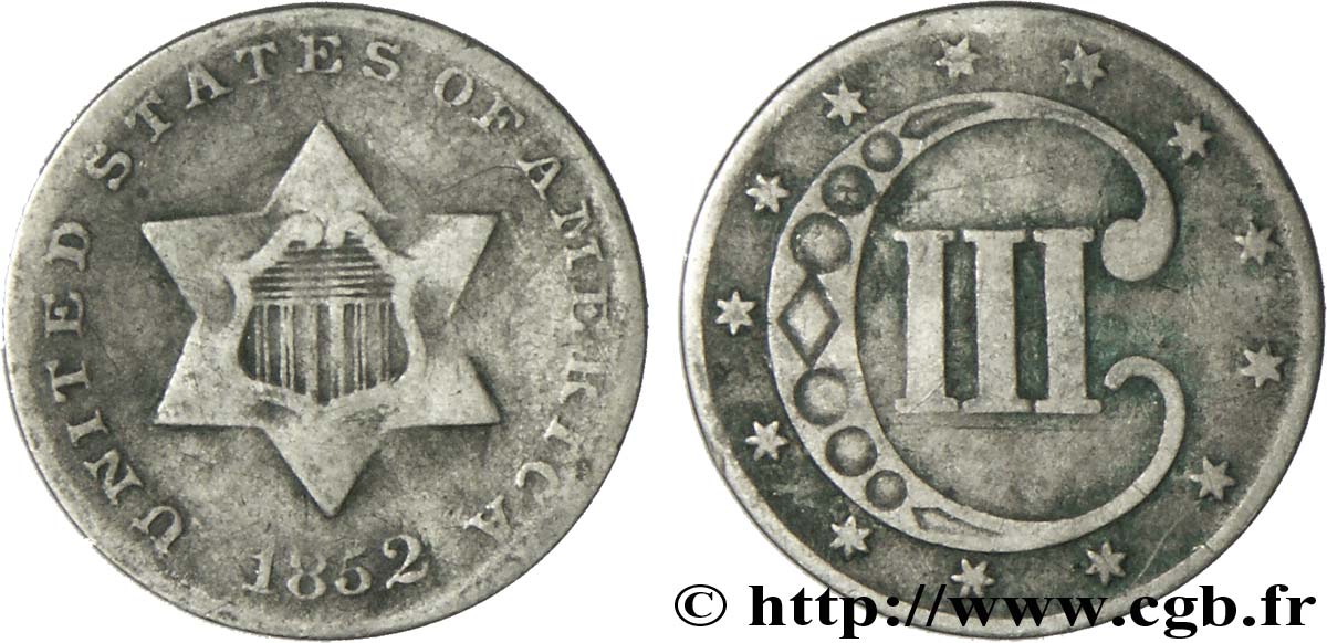 ESTADOS UNIDOS DE AMÉRICA 3 Cents écu dans étoile 1852 Philadelphie BC 