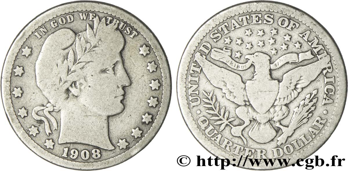 UNITED STATES OF AMERICA 1/4 Dollar Barber 1908 Philadelphie VF 