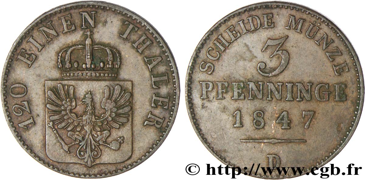 GERMANIA - PRUSSIA 3 Pfenninge Royaume de Prusse écu à l’aigle 1847 Düsseldorf SPL 