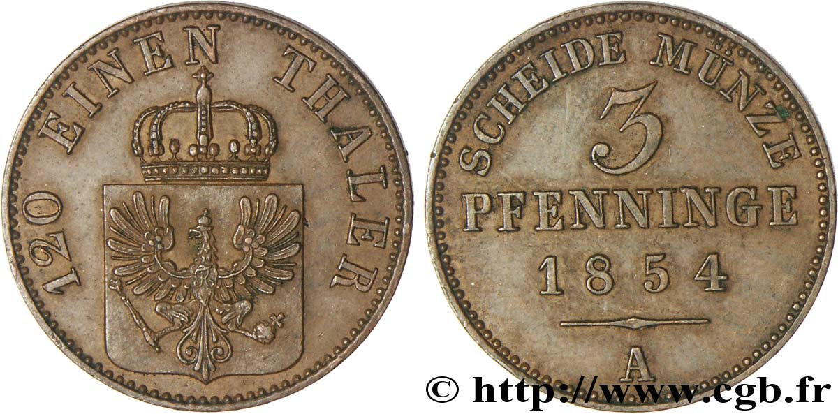ALEMANIA - PRUSIA 3 Pfenninge Royaume de Prusse écu à l’aigle 1854 Berlin EBC 